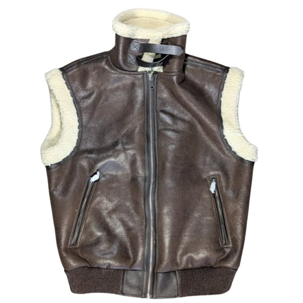 Vigoss Aviator Vest Womens Small Brown Faux Leather Sherpa Lined Zip Front NWT